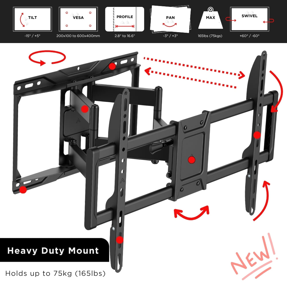 Full-Motion TV Wall Mount for 37”–90” | Heavy-Duty Swivel Bracket for Flat & Curved TVs - up to 75kg (165lbs)