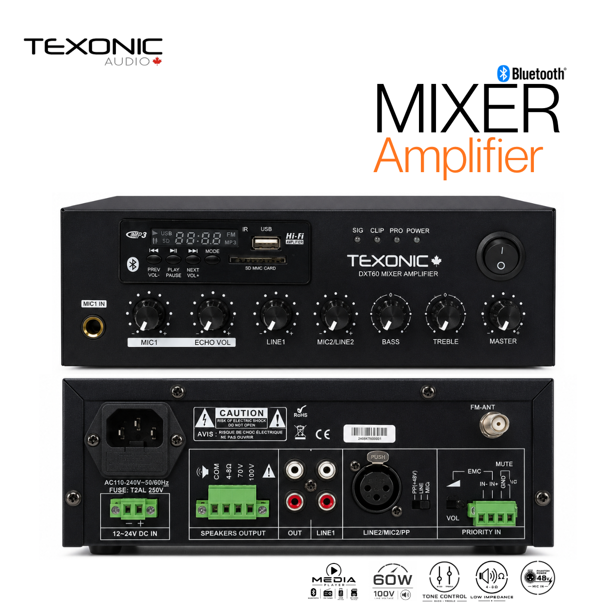 TEXONIC DXT60 Commercial Sound System with 3 CM60T Ceiling Speakers
