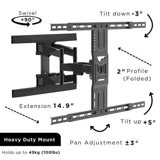 Full Motion TV Wall Mount: Slim Profile, Supports 37” to 75” TVs, Holds up to 100 lbs