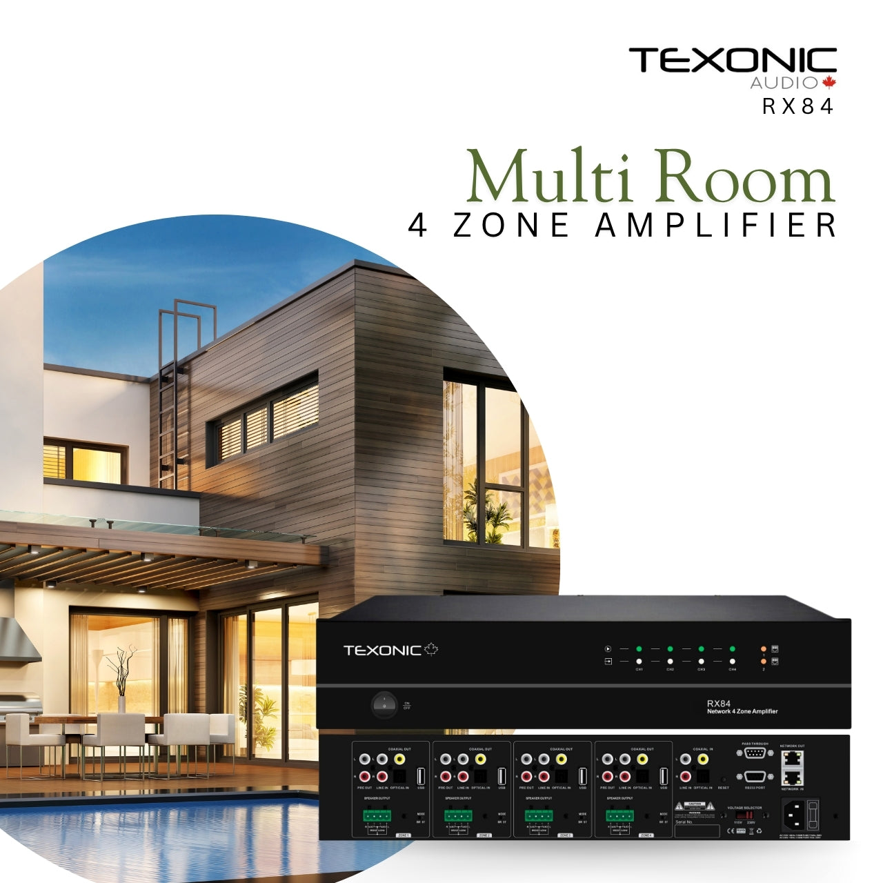TEXONIC RX84 | 4 Zone Network Streaming Amplifier – Multi-Room Audio for Home & Business