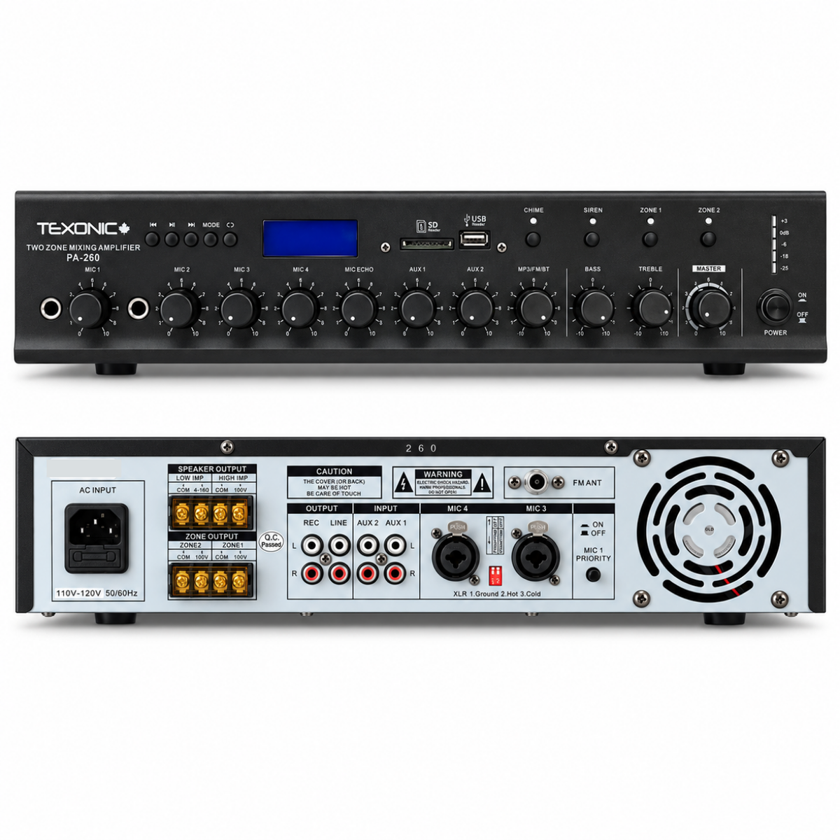 TEXONIC PA260 260W 2-Zone Commercial Mixer Amplifier with Bluetooth & Paging