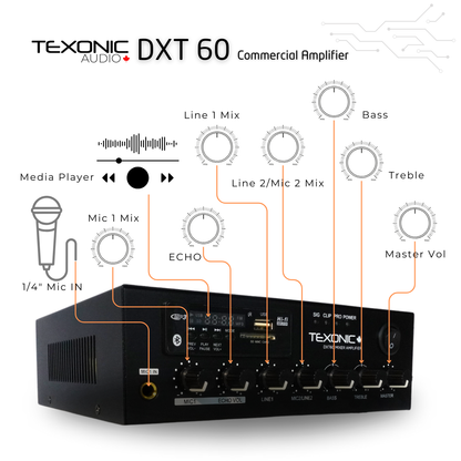 70V Commercial Background Music System | 6 Trimless In-Ceiling Speakers & 60W Mixer Amplifier with Bluetooth, FM Radio & MP3 Playback