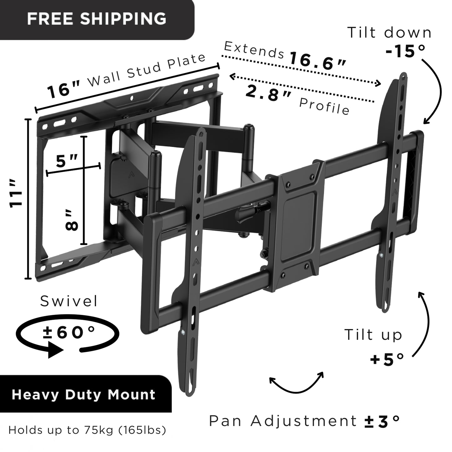 Full-Motion TV Wall Mount for 37”–90” | Heavy-Duty Swivel Bracket for Flat & Curved TVs - up to 75kg (165lbs)