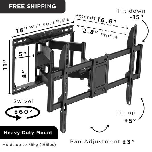 Full-Motion TV Wall Mount for 37”–90” | Heavy-Duty Swivel Bracket for Flat & Curved TVs - up to 75kg (165lbs)