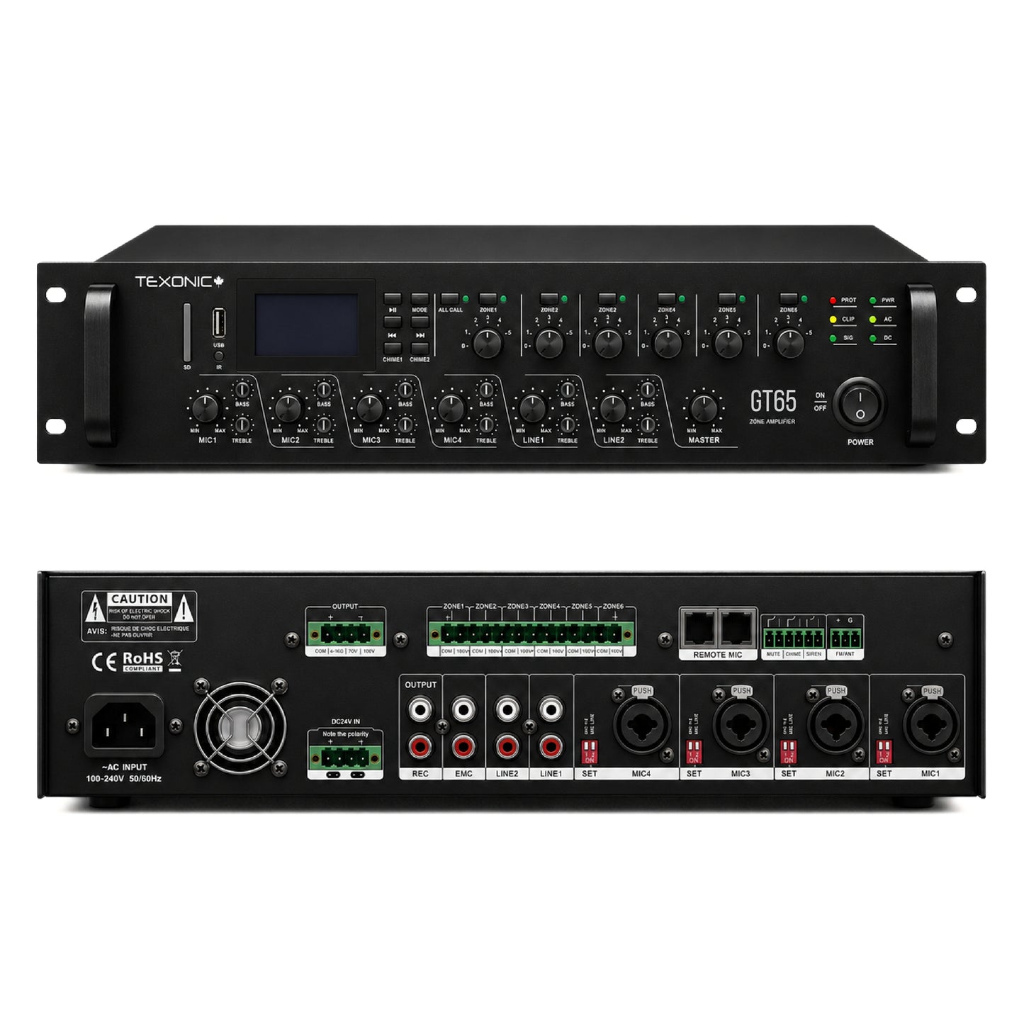 TEXONIC GT65 650W 6-Zone 70V/100V Commercial Mixer Amplifier
