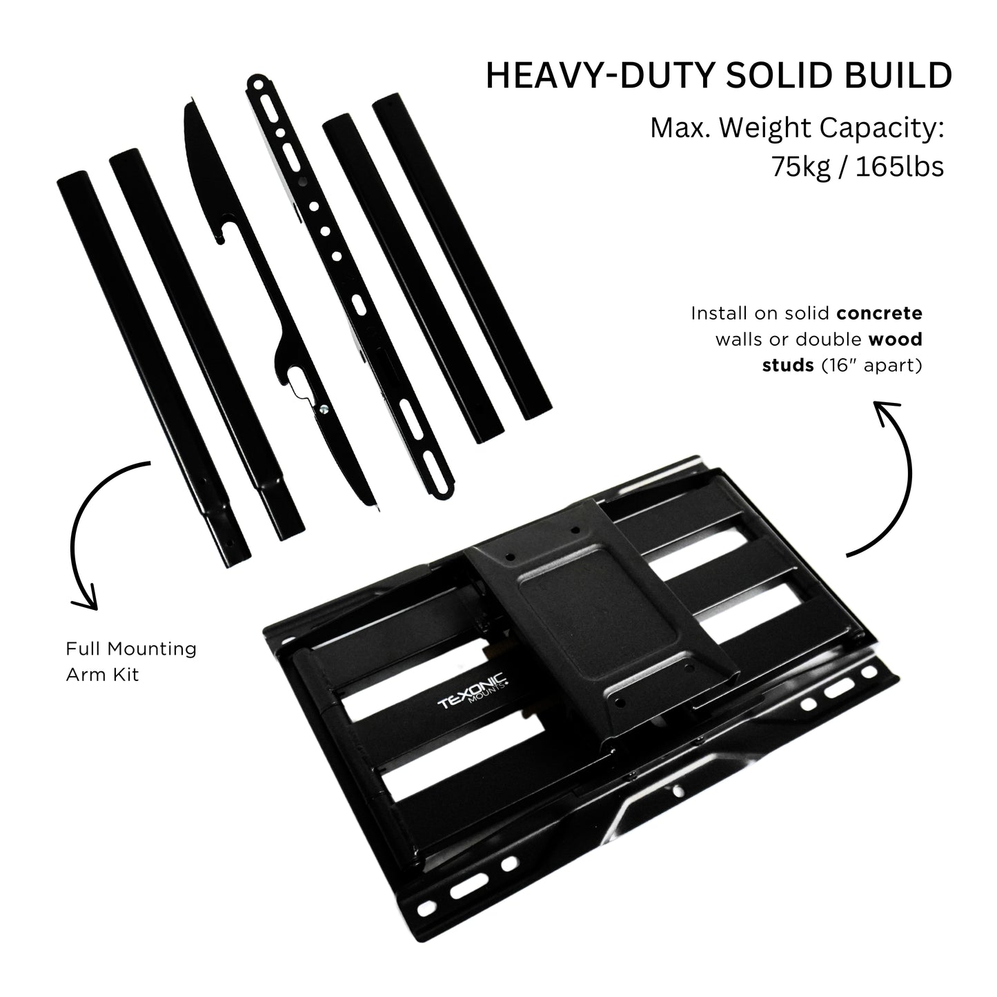 Heavy-duty solid build TV mount kit with installation instructions on a white background