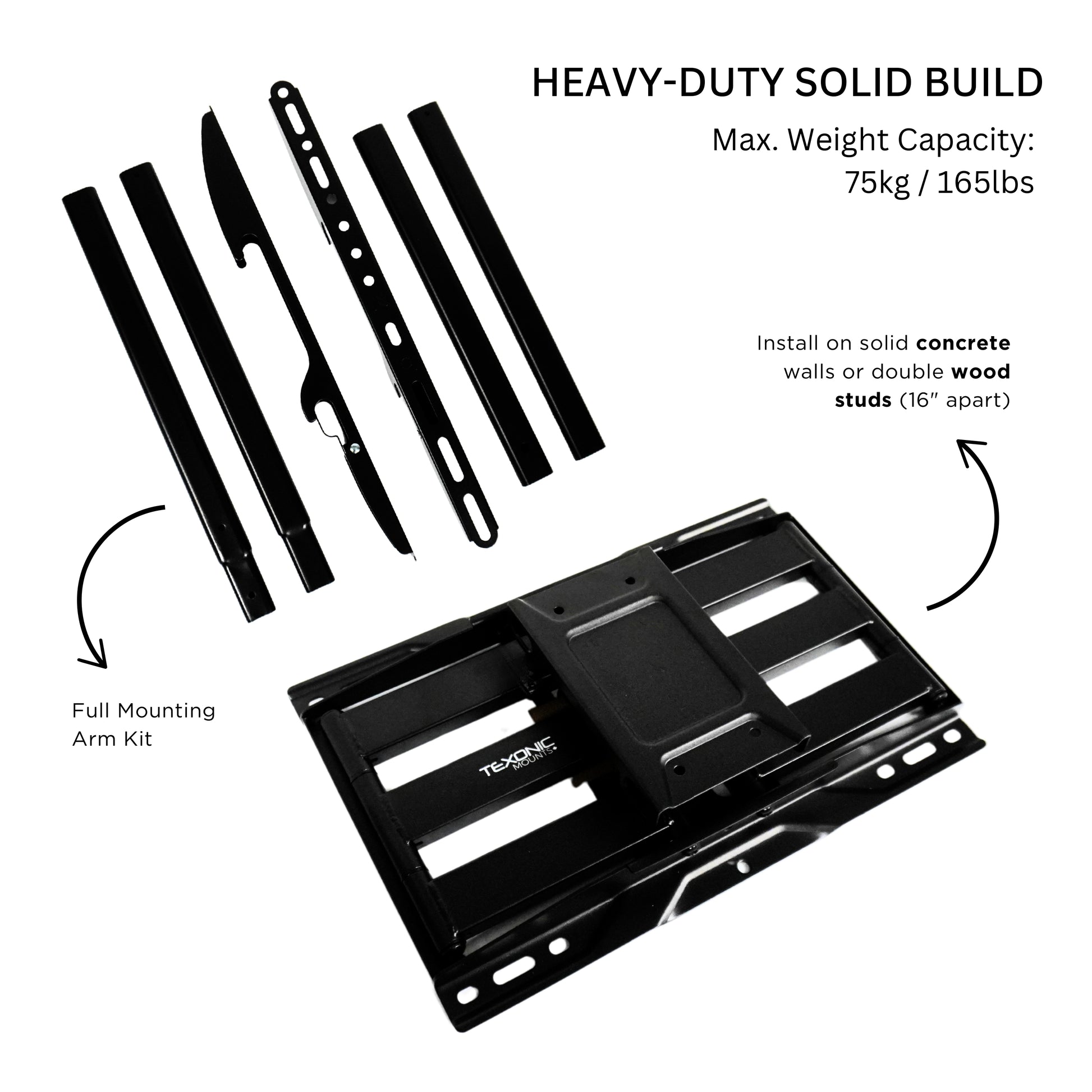 Heavy-duty solid build TV mount kit with installation instructions on a white background