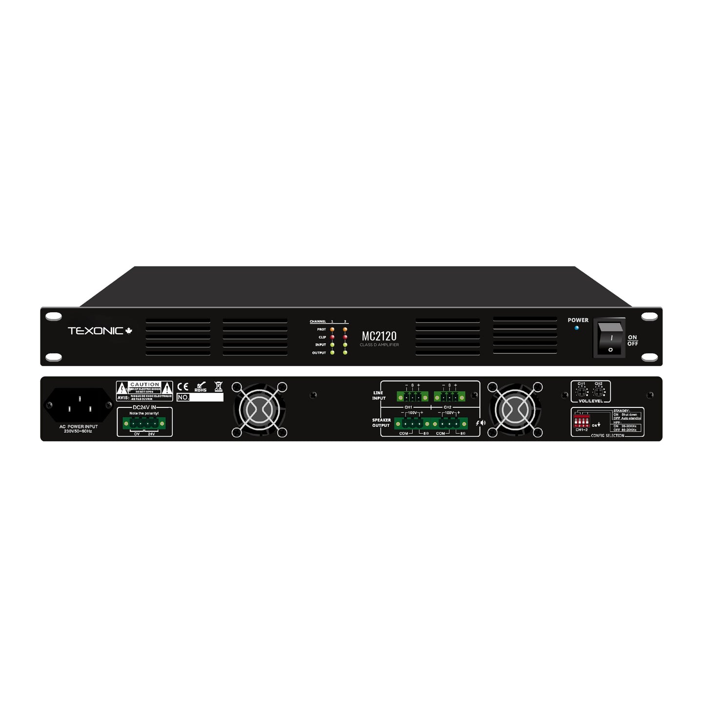 TEXONIC MC-2120 Digital Class-D Power Amplifier – 120W x 2, 70V/8Ω, High-Efficiency Dual-Channel Amplifier for Commercial Audio & Public Address Systems