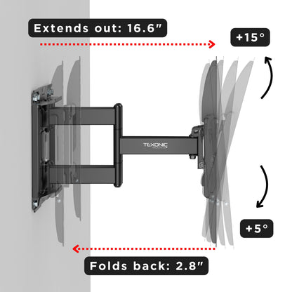 TV wall mount with extension, rotation, and fold-back measurements on a white background