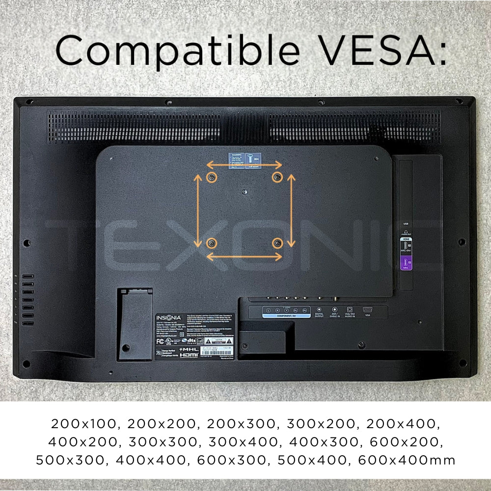 Back view of a monitor with VESA compatibility information on a gray background