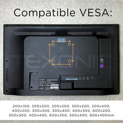 Back view of a monitor with VESA compatibility information on a gray background