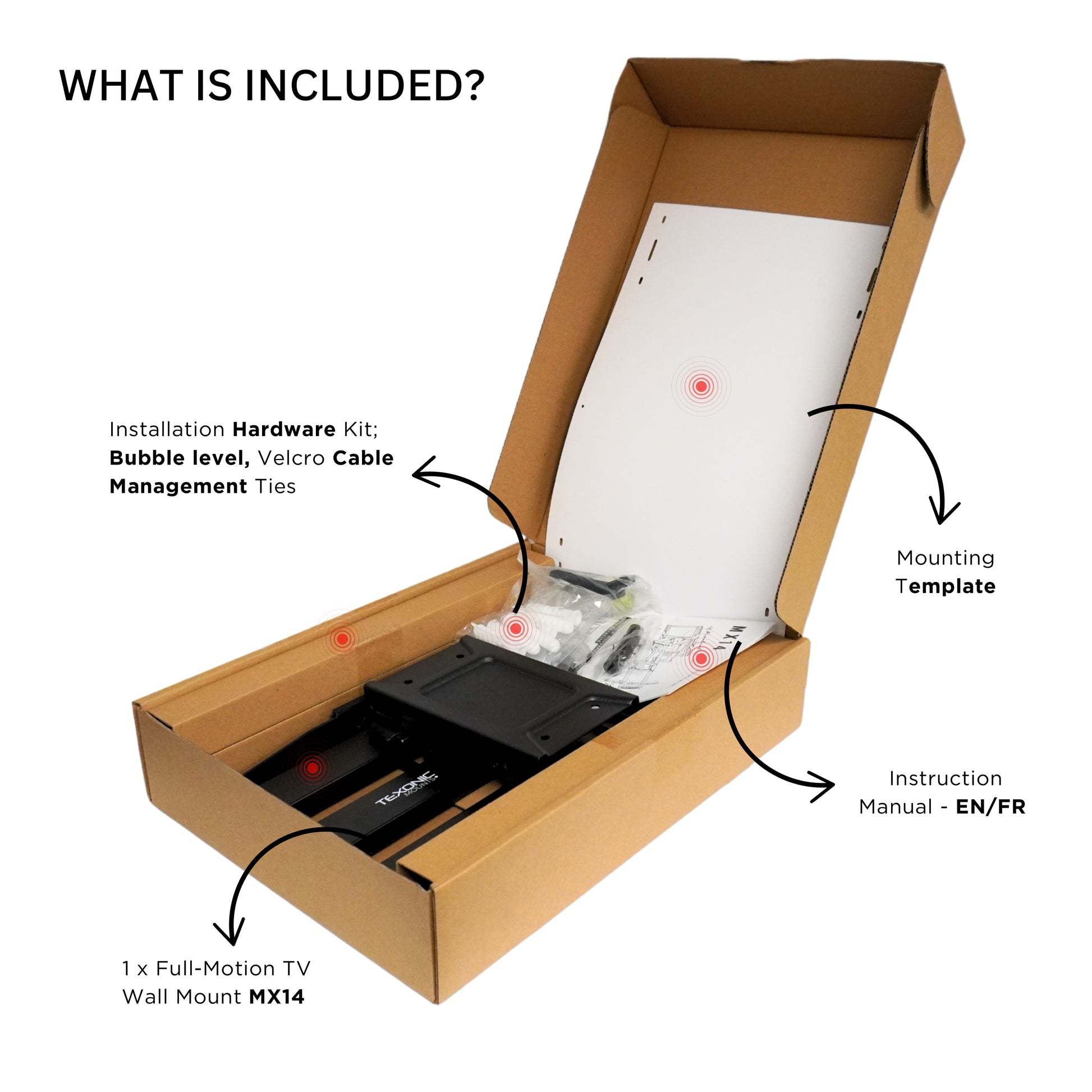 Box containing the MX14 installation hardware, and what's included with the wall mount