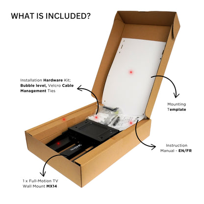 Box containing the MX14 installation hardware, and what's included with the wall mount