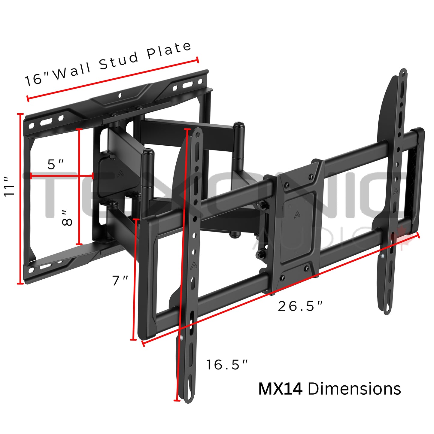 Dimensions of a TV wall mount with labeled measurements on a white background