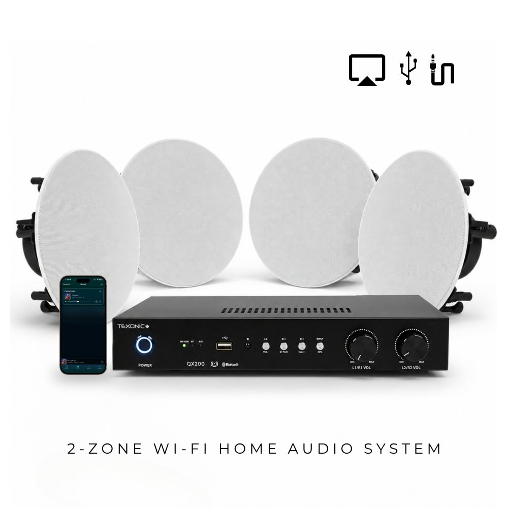 TEXONIC QX200 2-Zone Wi-Fi Home Audio System with 4 CM610 In-Ceiling Speakers