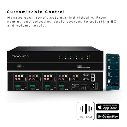TEXONIC RX84 | 4 Zone Network Streaming Amplifier – Multi-Room Audio for Home & Business