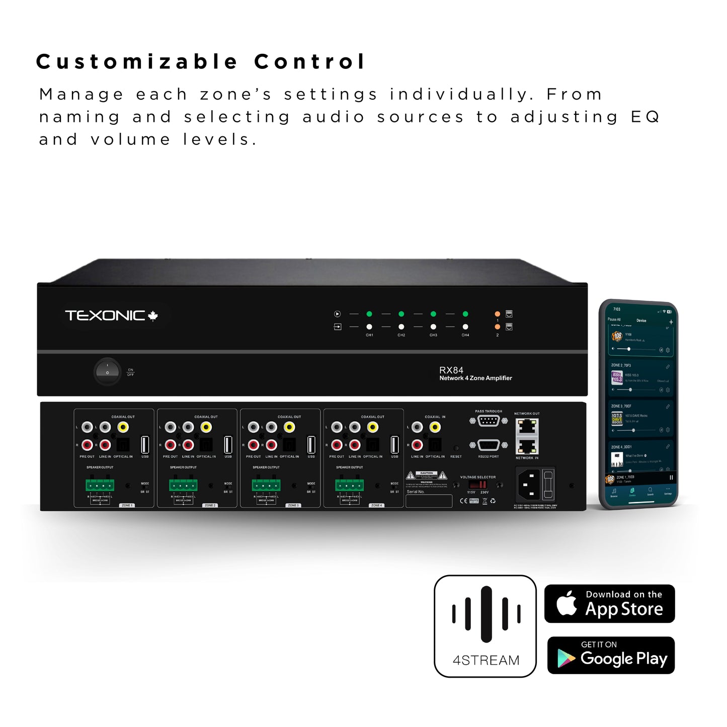 TEXONIC RX84 | 4 Zone Network Streaming Amplifier – Multi-Room Audio for Home & Business