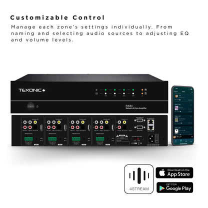 TEXONIC RX84 | 4 Zone Network Streaming Amplifier – Multi-Room Audio for Home & Business