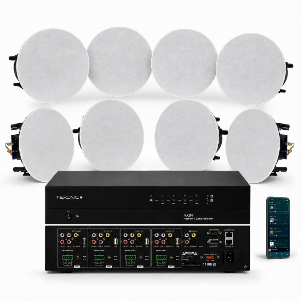 TEXONIC RX84 4-Zone Wi-Fi Whole-Home Audio System with 8 CM610 In-Ceiling Speakers