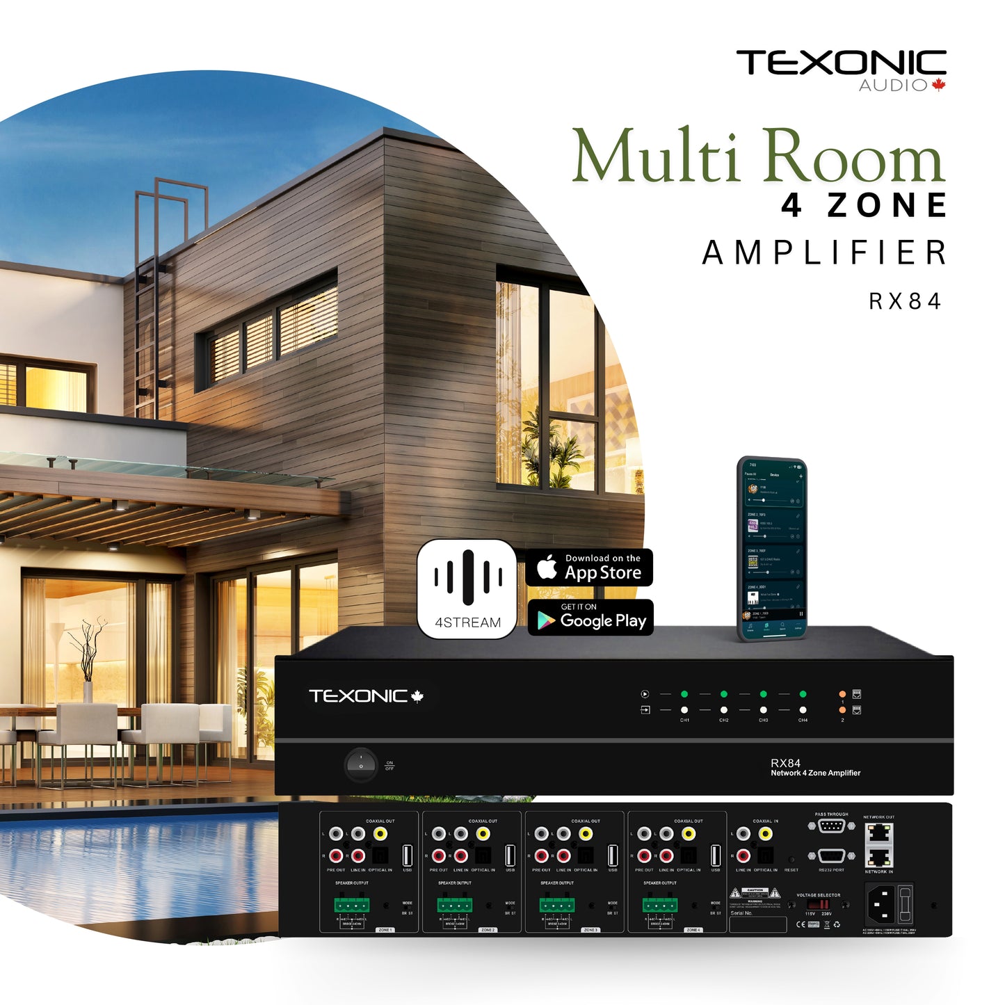 TEXONIC RX84 | 4 Zone Network Streaming Amplifier – Multi-Room Audio for Home & Business