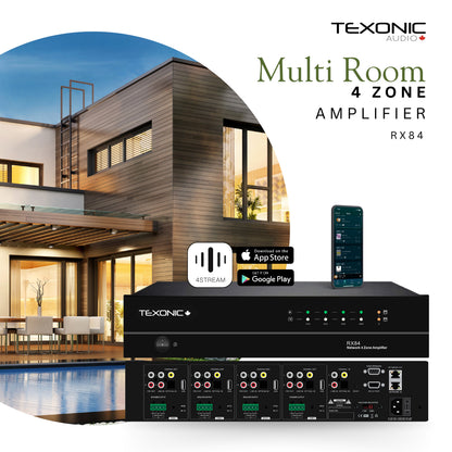 TEXONIC RX84 | 4 Zone Network Streaming Amplifier – Multi-Room Audio for Home & Business