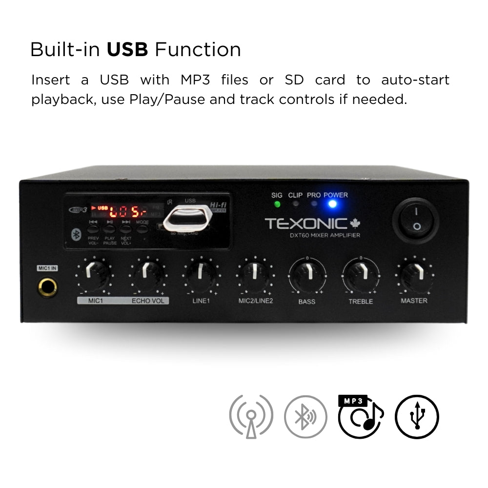 60W Class D Amplifier Commercial Audio System – Bluetooth, FM, USB