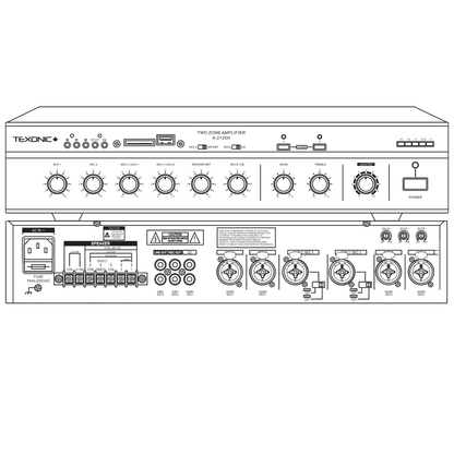 TEXONIC A-2120H 120W 2-Zone Commercial Mixer Amplifier with Bluetooth & Paging