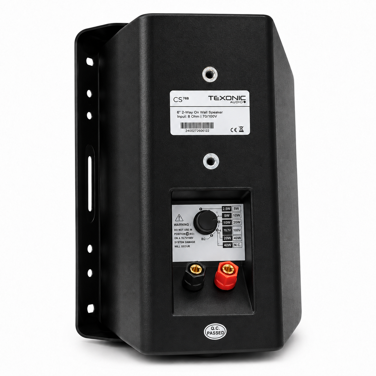 Rear view of TEXONIC CS76B 6-inch commercial wall speaker showing 70V 100V tap selector and 8-ohm terminals