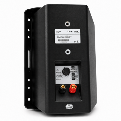 Rear view of TEXONIC CS76B 6-inch commercial wall speaker showing 70V 100V tap selector and 8-ohm terminals