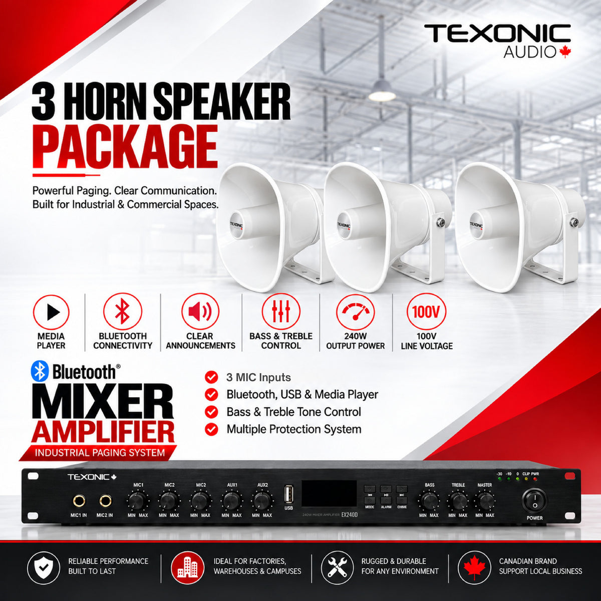 TEXONIC EX240D paging system with 3 CH30T 30W IP65 horn speakers