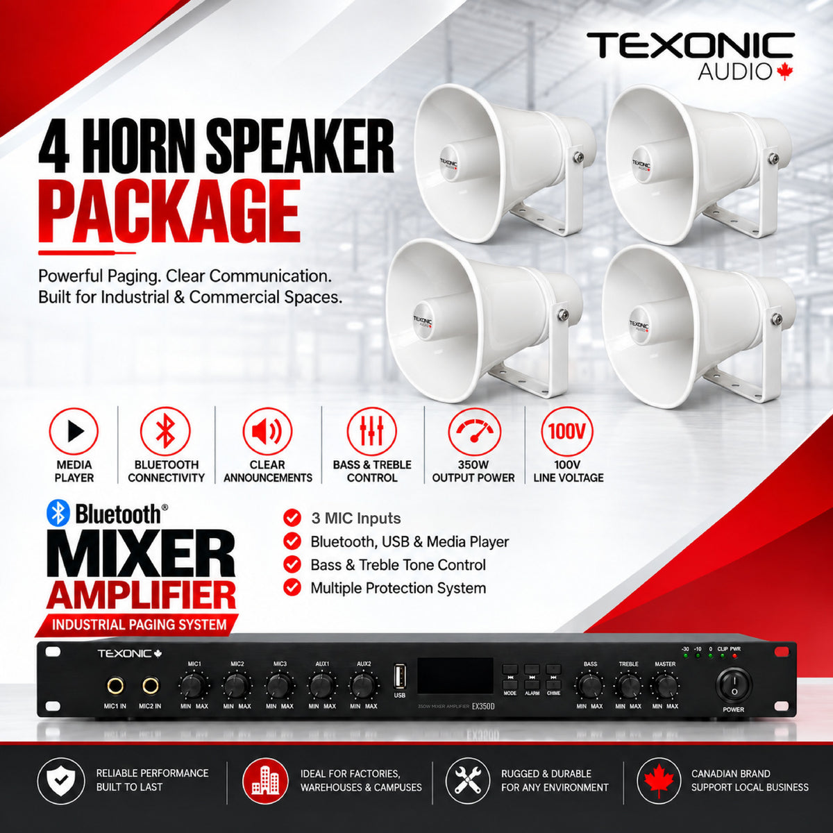 TEXONIC EX350D paging system with 4 CH30T 30W IP65 horn speakers