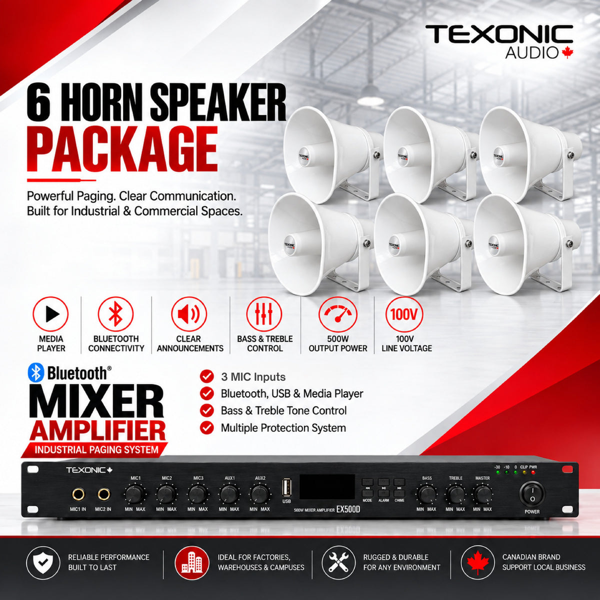 TEXONIC EX500D paging system with 6 CH30T 30W IP65 horn speakers
