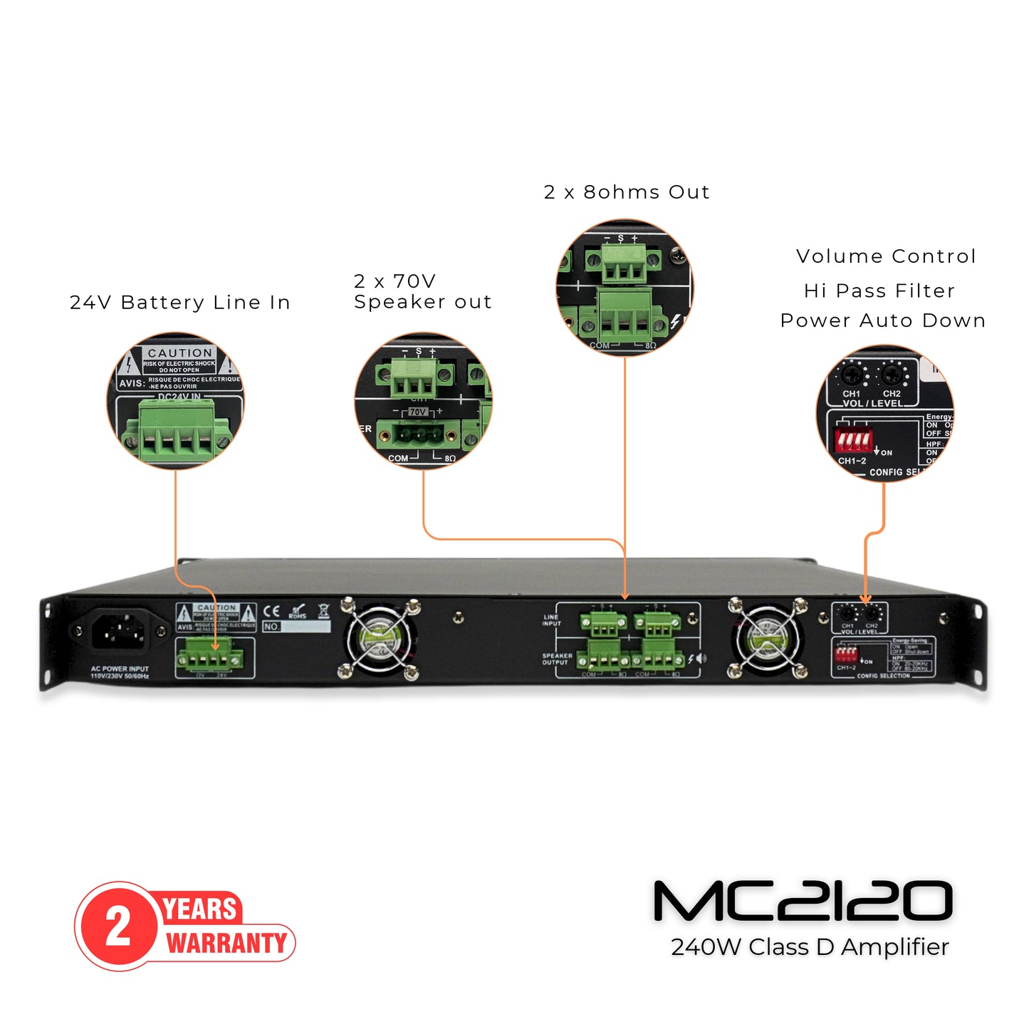TEXONIC MC-2120 Digital Class-D Power Amplifier – 120W x 2, 70V/8Ω, High-Efficiency Dual-Channel Amplifier for Commercial Audio & Public Address Systems