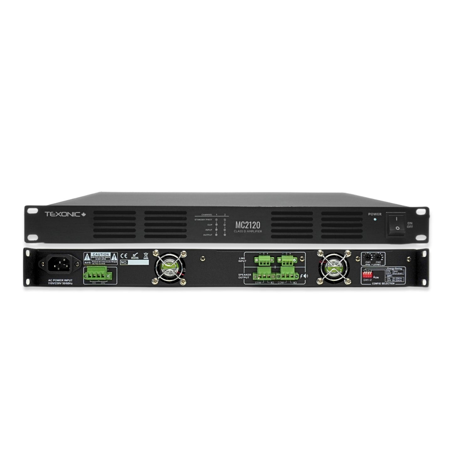 TEXONIC MC-2120 Digital Class-D Power Amplifier – 120W x 2, 70V/8Ω, High-Efficiency Dual-Channel Amplifier for Commercial Audio & Public Address Systems