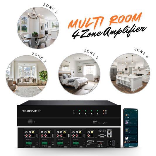 TEXONIC RX84 | 4 Zone Network Streaming Amplifier – Multi-Room Audio for Home & Business