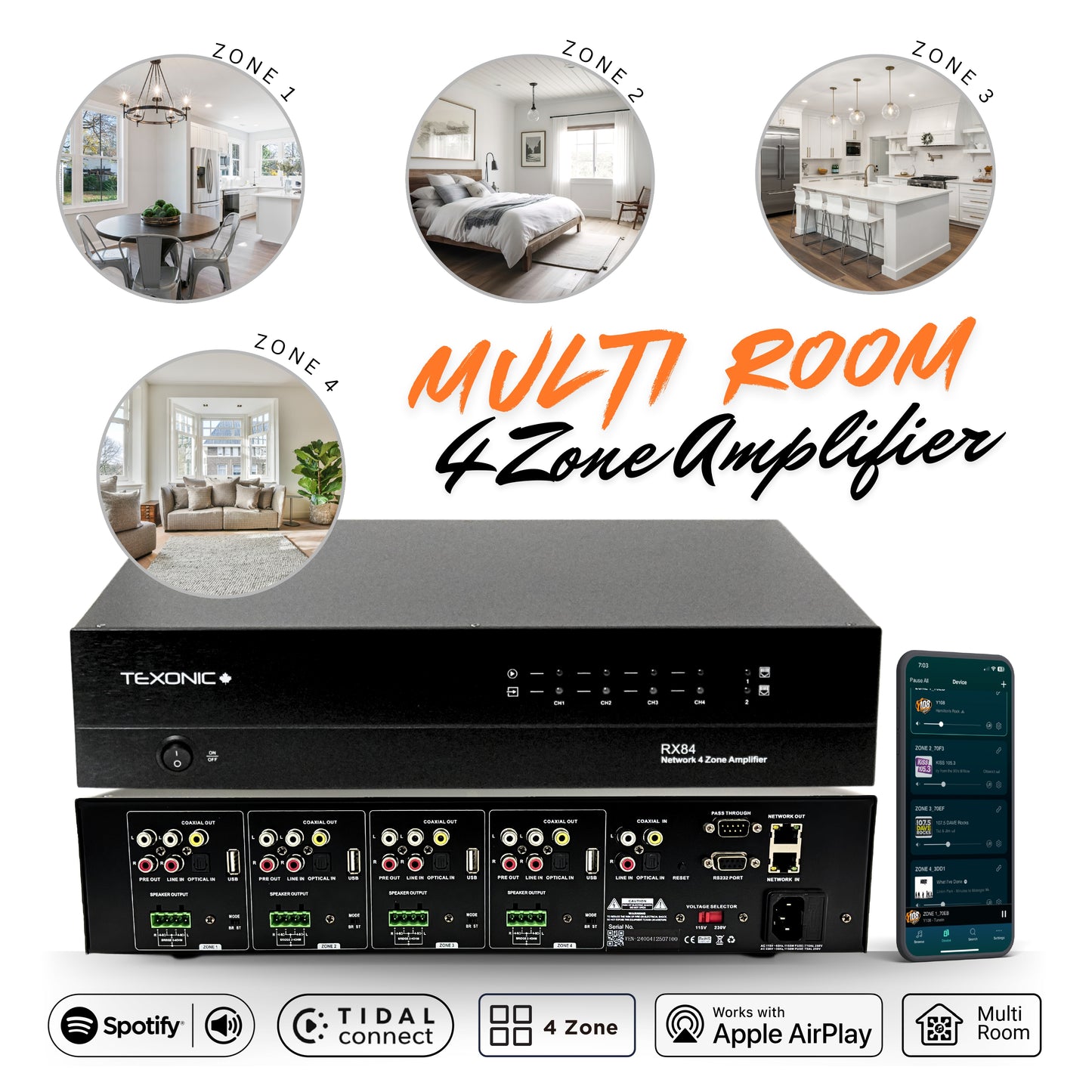 TEXONIC RX84 | 4 Zone Network Streaming Amplifier – Multi-Room Audio for Home & Business