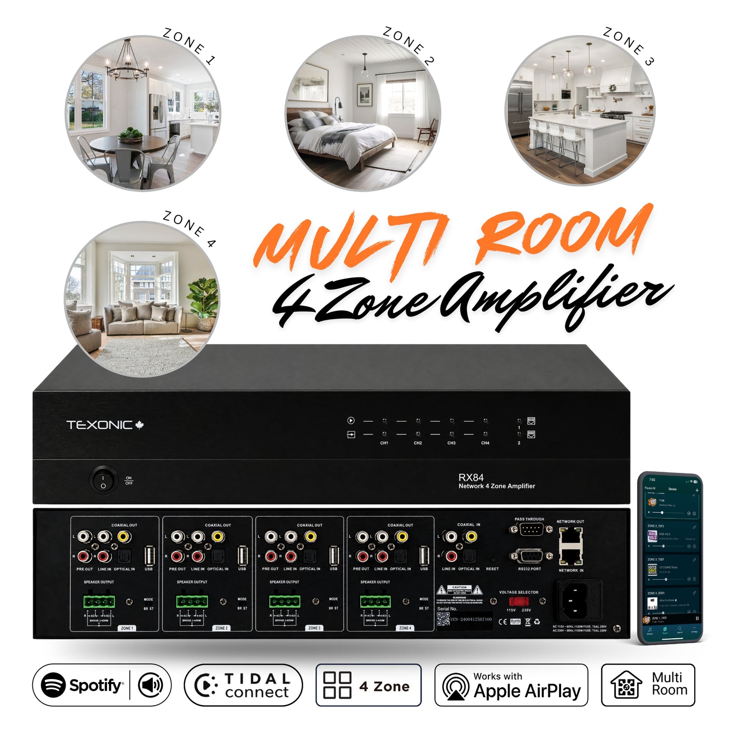 TEXONIC RX84 | 4 Zone Network Streaming Amplifier – Multi-Room Audio for Home & Business