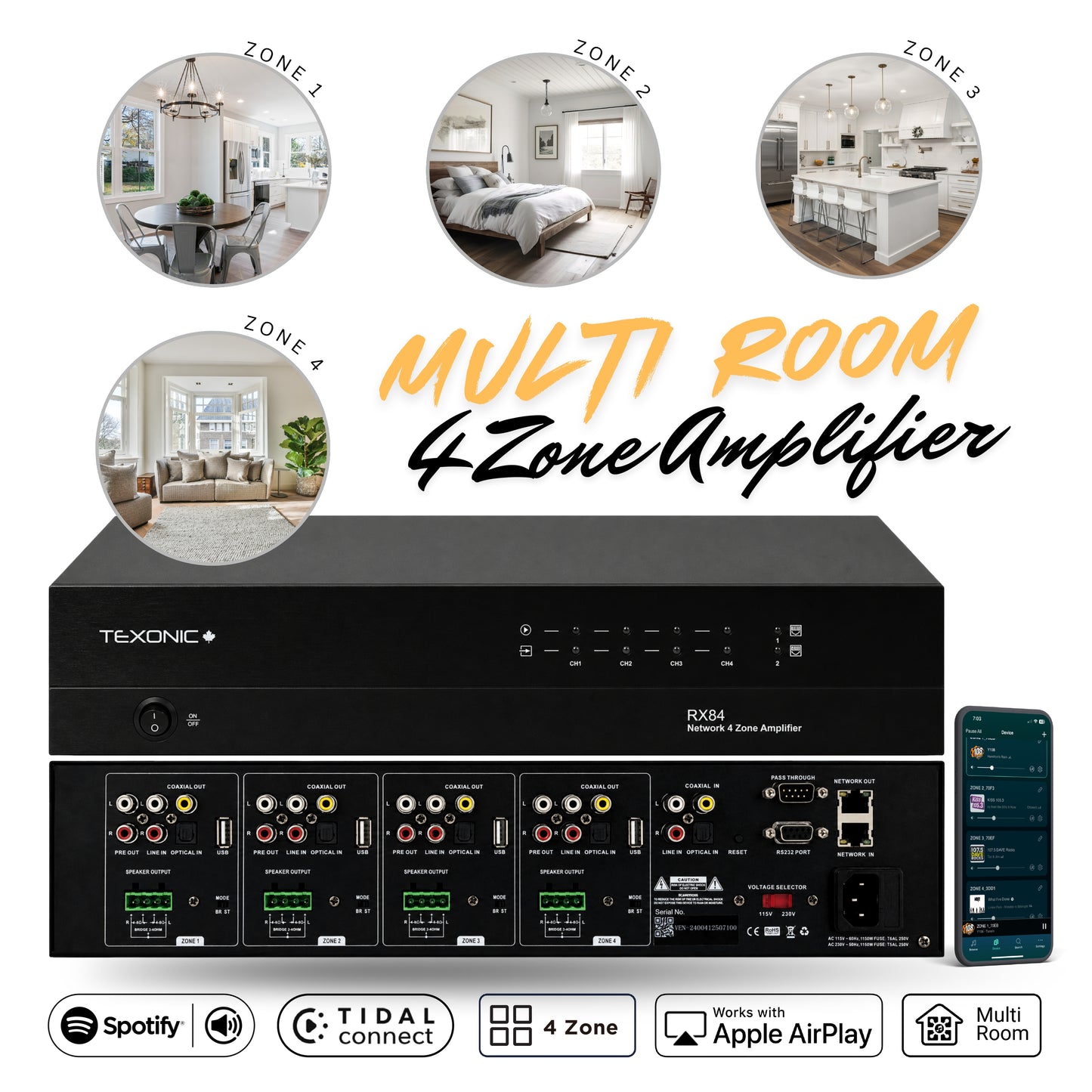 TEXONIC RX84 | 4 Zone Network Streaming Amplifier – Multi-Room Audio for Home & Business