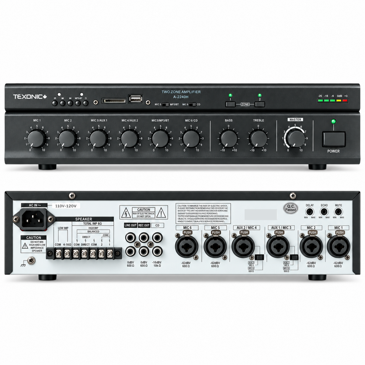 TEXONIC A-2240H 240W 2-zone commercial mixer amplifier front panel