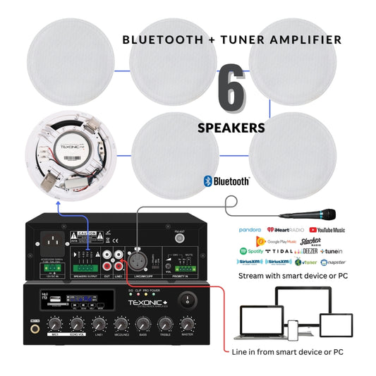 70V Commercial Background Music System | 6 Trimless In-Ceiling Speakers & 60W Mixer Amplifier with Bluetooth, FM Radio & MP3 Playback