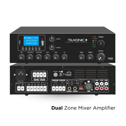 TEXONIC TX Z Series 60W 2-Zone Mixer Amplifier: Wi-Fi, Bluetooth & FM – Commercial Audio Solution
