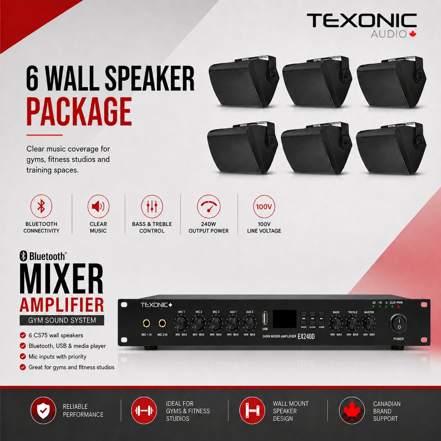 TEXONIC EX240D Gym Sound System with 6 CS75 Wall Speakers
