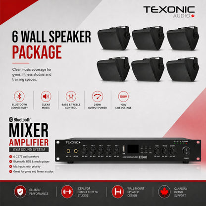 TEXONIC EX240D Gym Sound System with 6 CS75 Wall Speakers