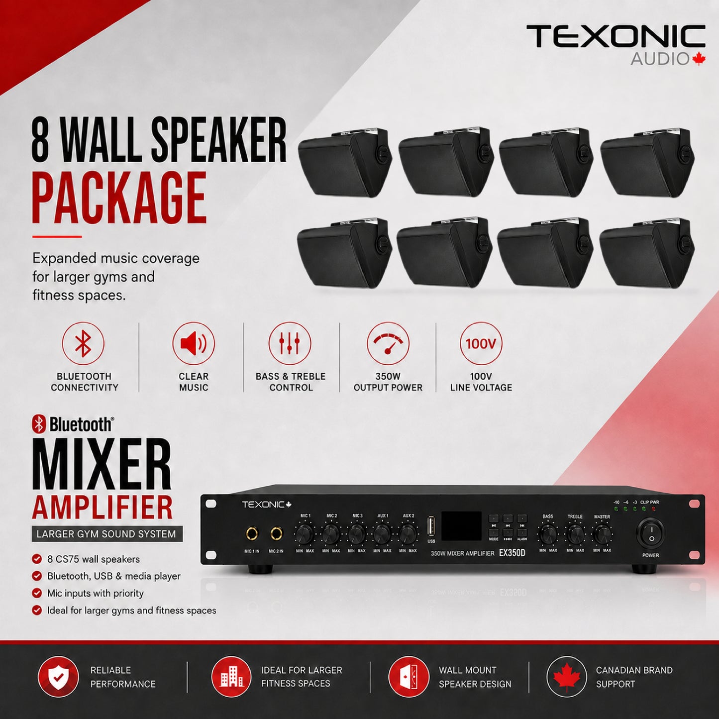 TEXONIC EX350D Gym Sound System with 8 CS75 Wall Speakers