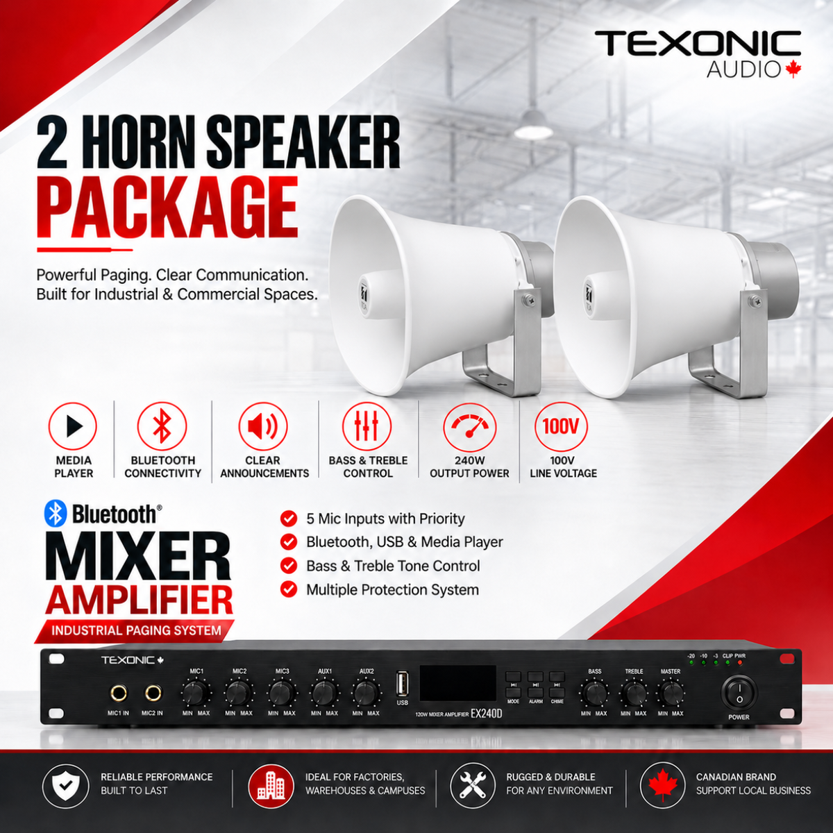 TEXONIC EX240D Paging System with 2 TOA SC-630TU Horn Speakers