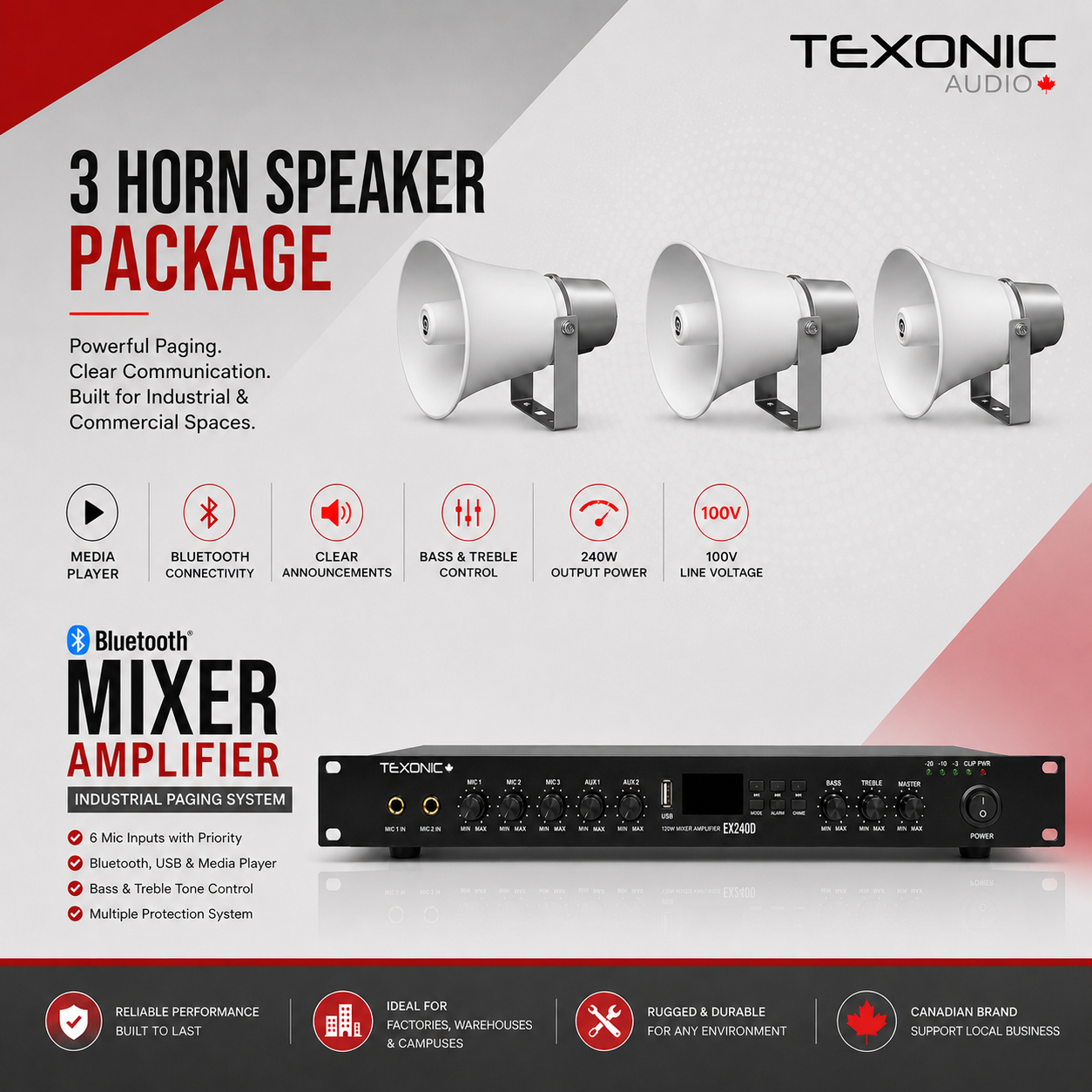 TEXONIC EX240D Paging System with 3 TOA SC-630TU Horn Speakers