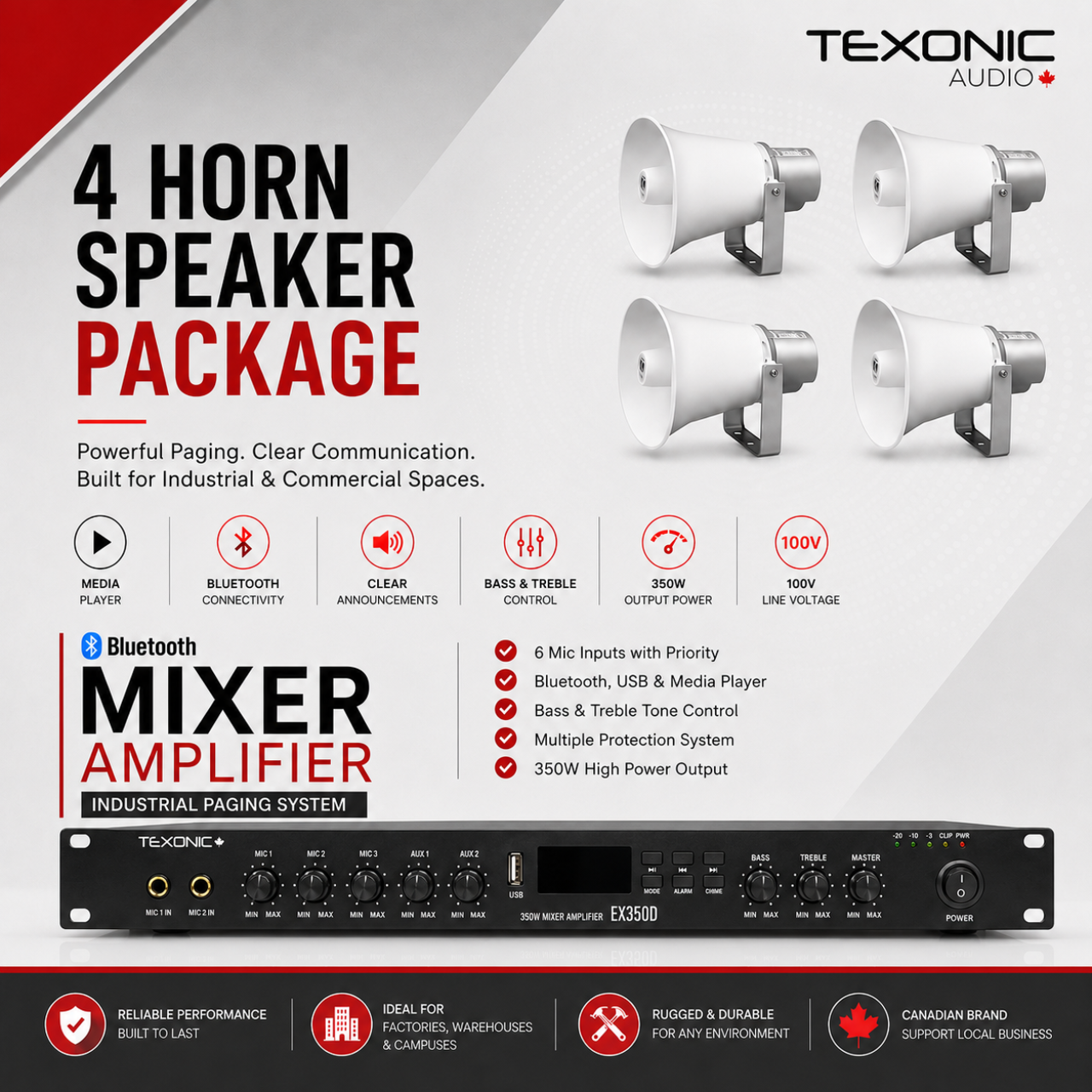 TEXONIC EX350D Paging System with 4 TOA SC-630TU Horn Speakers