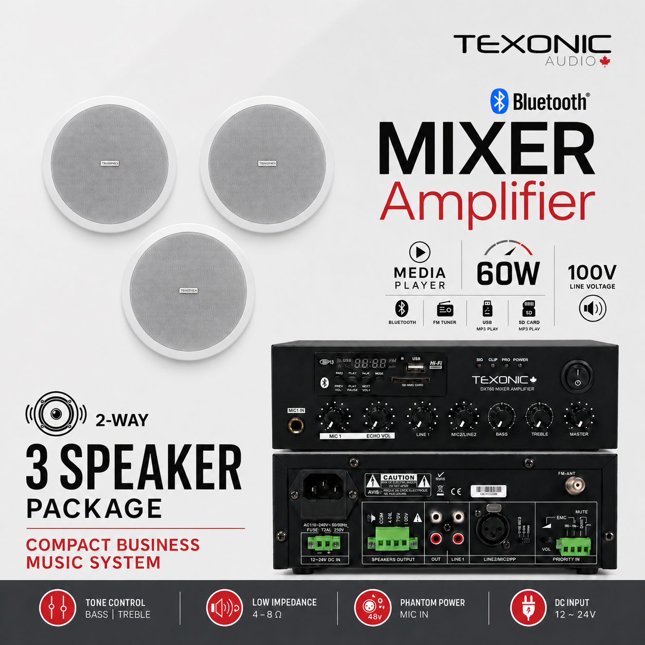 TEXONIC DXT60 Commercial Sound System with 3 CM60T Ceiling Speakers
