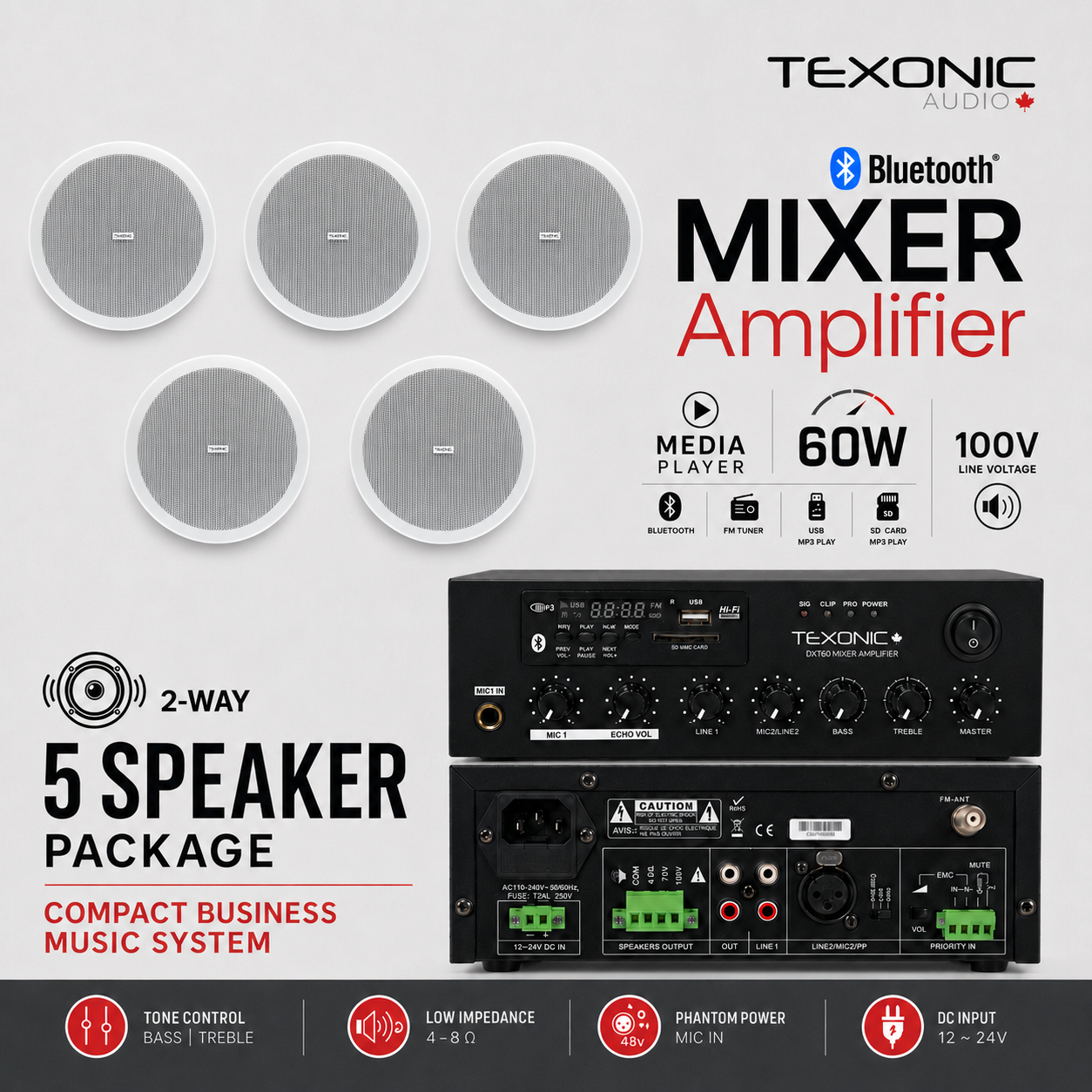 TEXONIC DXT60 Commercial Sound System with 5 CM60T Ceiling Speakers