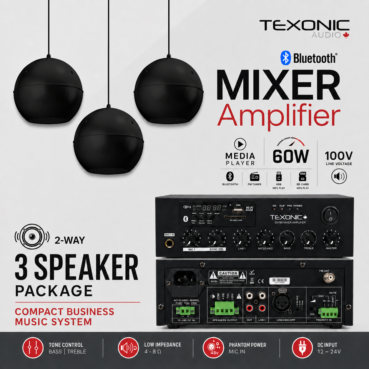TEXONIC Bluetooth Mixer Amplifier 3 speaker package, featuring a black 60W audio amplifier with front and rear panel views, three black hanging dome speakers, and feature icons on a light gray background.